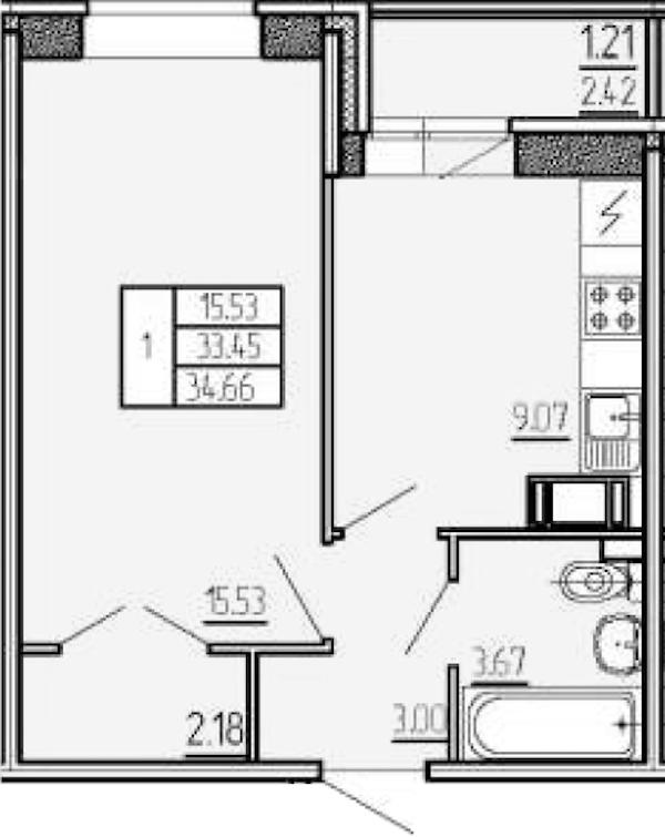 1-комнатная квартира 34.66 м², 14/17 эт., ЖК «Стороны Света»